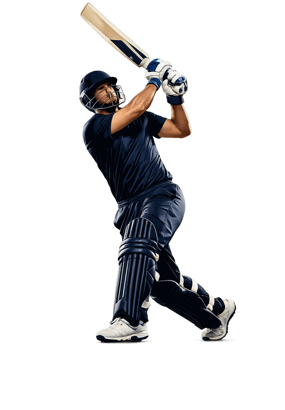 Cricket batsman in navy kit playing an attacking shot