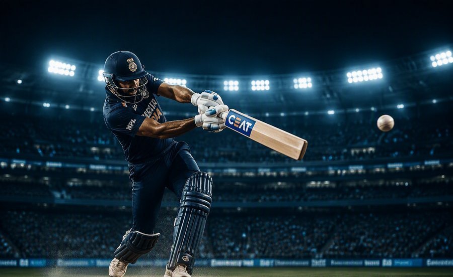 Batsman playing a shot under stadium floodlights