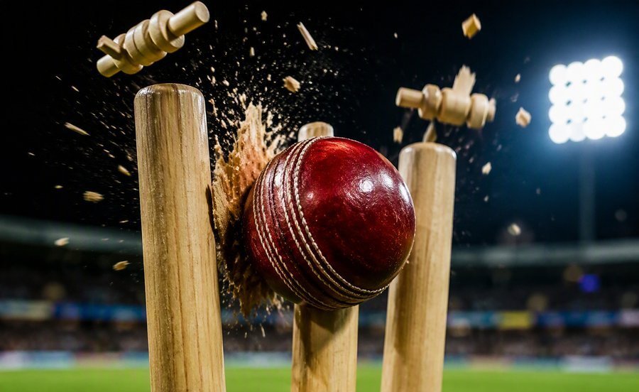 Cricket ball hitting the stumps with bails flying