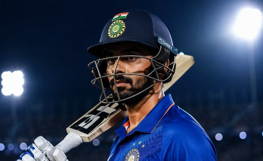 Cricketer in blue jersey holding a bat in the stadium